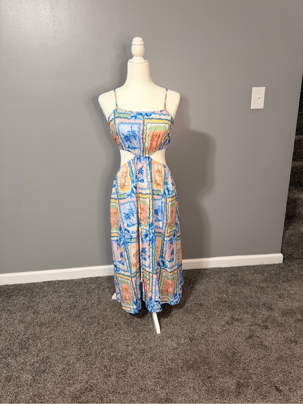 SHEIN Blue and Peach Printed Cutout Maxi Dress